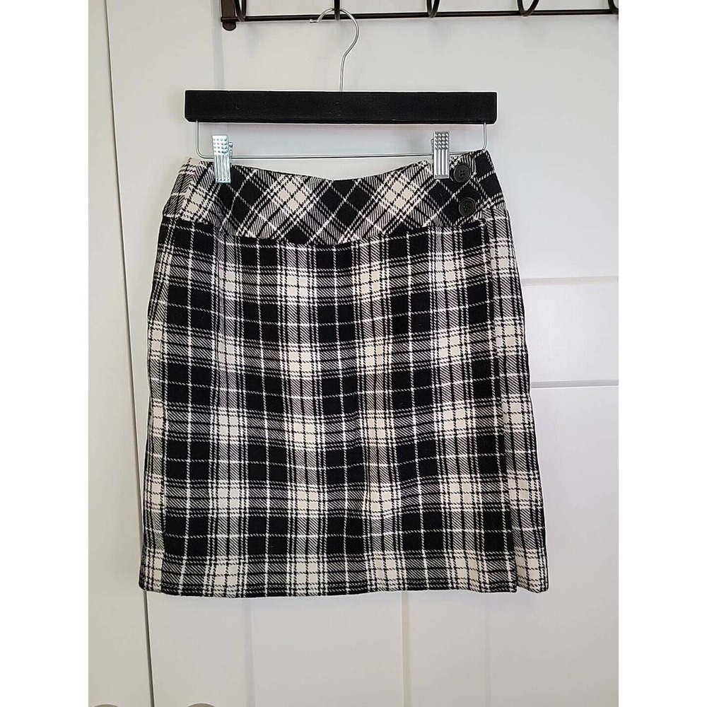 Harris/Wallace Wool Blend Wrap Skirt, Black & Cream Plaid, Size 10